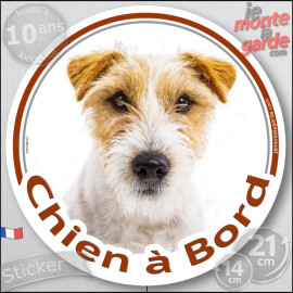 Jack Russell Terrier blanc et fauve poils durs Tête, Sticker autocollant rond "Chien à Bord" disque adhésif vitre voiture photo,
