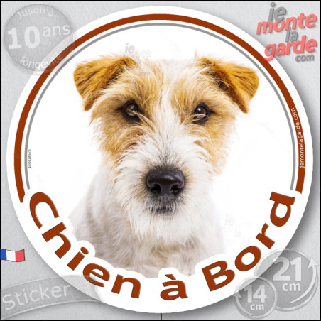 Jack Russell Terrier blanc et fauve poils durs Tête, Sticker autocollant rond "Chien à Bord" disque adhésif vitre voiture photo,