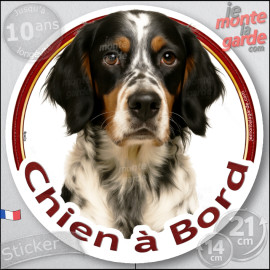 Setter Anglais tricolore, sticker autocollant rond "Chien à Bord"  Disque photo adhésif voiture vitre, résiste pluie soleil gel,