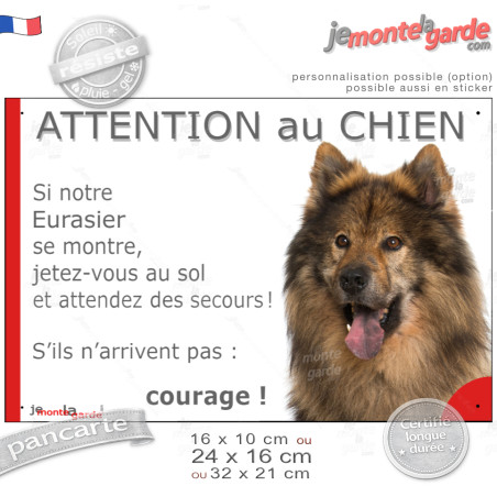 Eurasier agouti, gris-loup, plaque portail humour "Attention au Chien, Jetez Vous au Sol, secours, courage" photo bringé, résist
