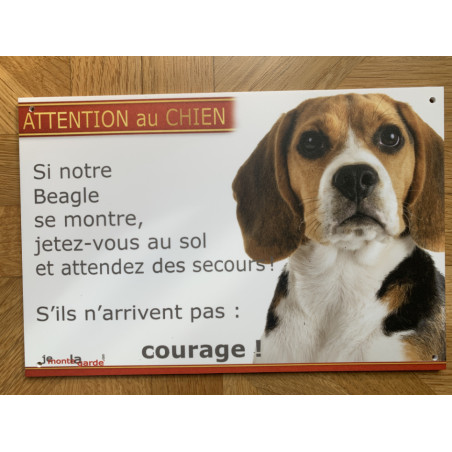 Beagle tricolore, plaque portail humour "Attention au Chien, Jetez Vous au Sol, attendez secours" résiste dehors, 3 Tailles D