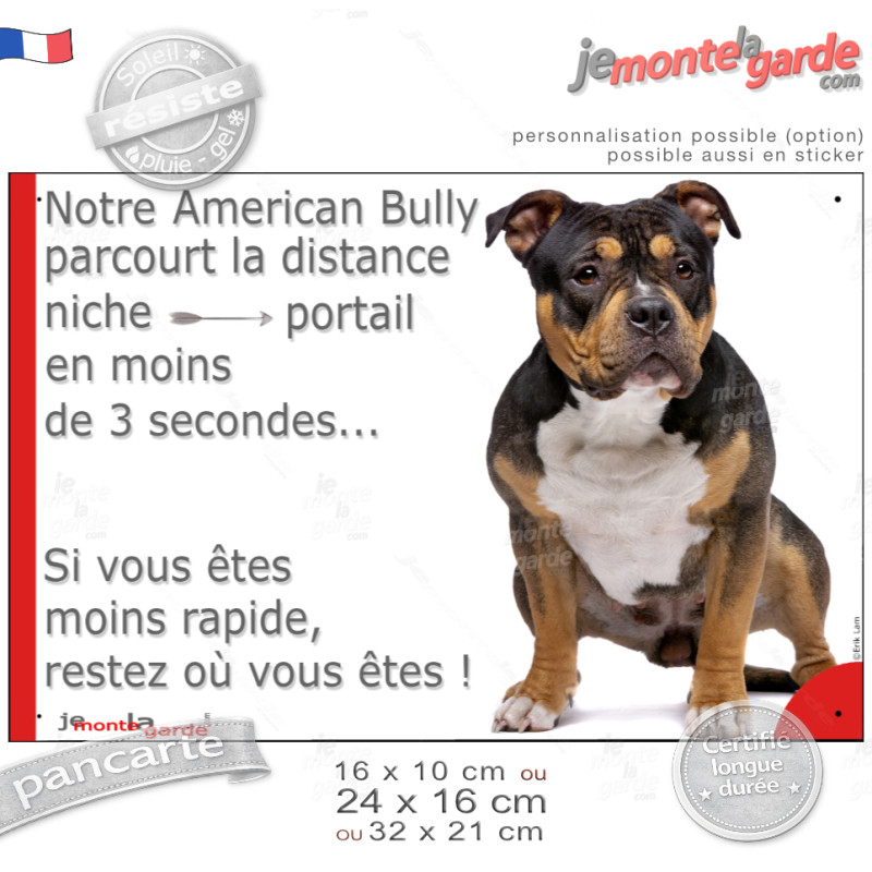 American Bully tricolore, plaque humour "parcourt la distance Niche-Portail en moins 3 secondes" photo, résiste pluie soleil gel American Bully tricolore, plaque humour "parcourt la distance Niche-Portail en moins 3 secondes" photo, résiste pluie soleil gel