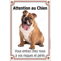 Bulldog Anglais Fauve, plaque portail verticale "Attention au Chien, risques périls" pancarte panneau photo
