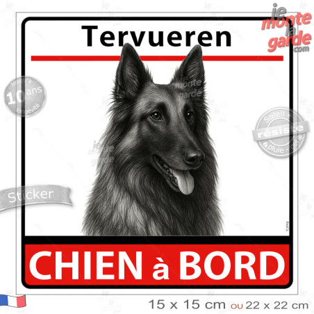 Berger Belge Tervueren, sticker autocollant carré "Chien à Bord" adhésif vitre voiture photo, résiste pluie soleil gel, idée cad