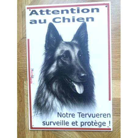 Plaque portail verticale "Attention au Chien, notre Tervueren surveille et protège" dessin noir et blanc, 2 Tailles D