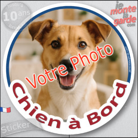 Photo personnalisable, disque photo autocollant "Chien à Bord" Sticker adhésif rond sur mesure vitre voiture 14 cm, résiste à l'