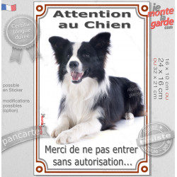 Border Collie, noir et blanc poils longs, panneau portail vertical "Attention au Chien, entrez pas sans autorisation" photo, rés