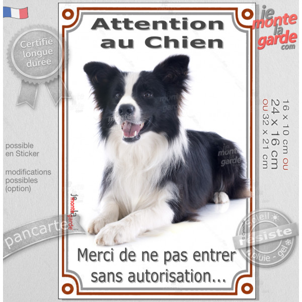 Border Collie, noir et blanc poils longs, panneau portail vertical "Attention au Chien, entrez pas sans autorisation" photo, rés