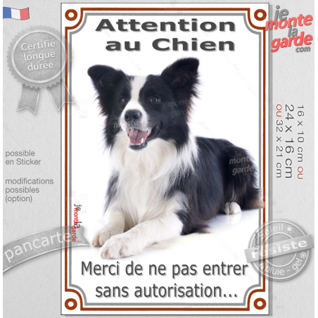Border Collie noir et blanc, plaque portail verticale "Attention au Chien, merci de ne pas entrer sans autorisation" 3 Tailles D