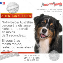 Aussie Tricolore noir, Plaque Portail humoristique "Notre Berger Australien parcourt la distance niche portail en moins s de 3 s