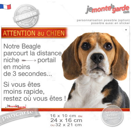 Beagle tricolore, plaque humour photo "parcourt distance Niche-Portail en moins de 3 secondes" résiste dehors, 3 Tailles D