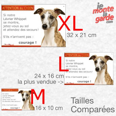 Lévrier Whippet bringé fauve, plaque humour "Attention au Chien, Jetez Vous au Sol, courage" résiste dehors, 3 Tailles D