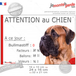 Bullmastiff Fauve, Pancarte Portail drôle "Attention au chien, Nombre de Voleurs, ballons, facteurs" photo, résiste pluie soleil
