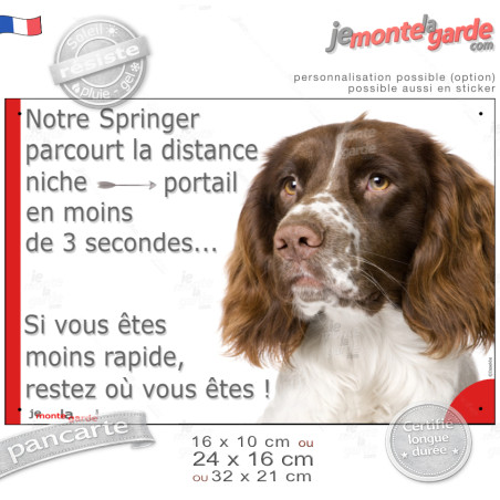 Springer Anglais Spaniel foie, plaque humour "parcourt la distance Niche-Portail en moins de 3 secondes" photo, résiste dehors
