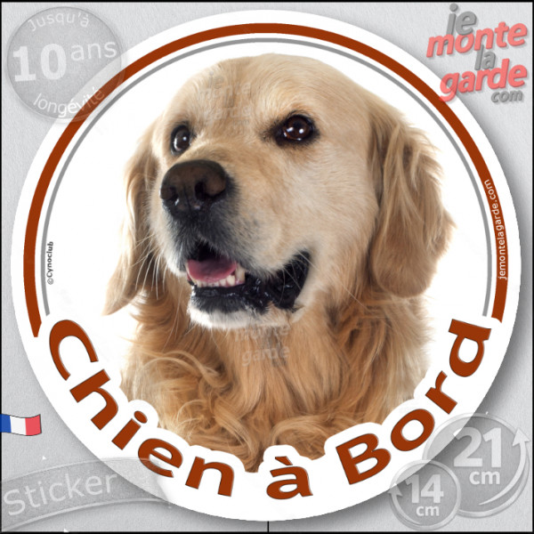 Golden Retriever, sticker autocollant rond "Chien à Bord" Disque photo adhésif vitre voiture photo, résiste pluie soleil gel, id