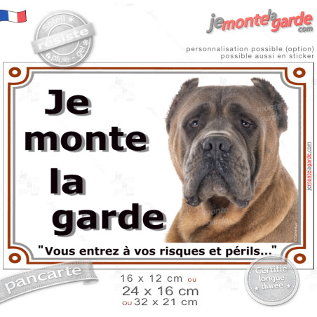 Cane Corso fauve oreilles taillées Tête, plaque portail "Je Monte la Garde, vous entrez à vos risques et périls" photo, résiste 