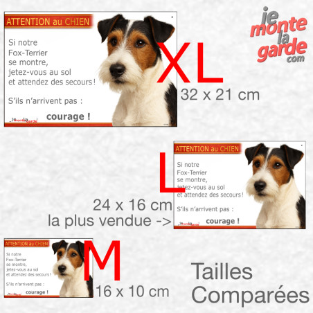 Fox-Terrier à poils durs tricolore, plaque portail humour " Attention au Chien, Jetez Vous au Sol, courage" 3 Tailles D