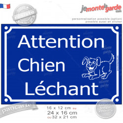 Pancarte portail extérieur drôle bleue "Attention, chien Léchant" plaque rue, résiste pluie soleil gel, idée cadeau