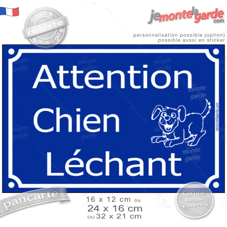 Pancarte portail extérieur drôle bleue "Attention, chien Léchant" plaque rue, résiste pluie soleil gel, idée cadeau