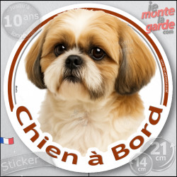 Shih-Tzu or gold et blanc, sticker autocollant rond "Chien à Bord" disque adhésif vitre voiture photo Shitsu, résiste pluie sole