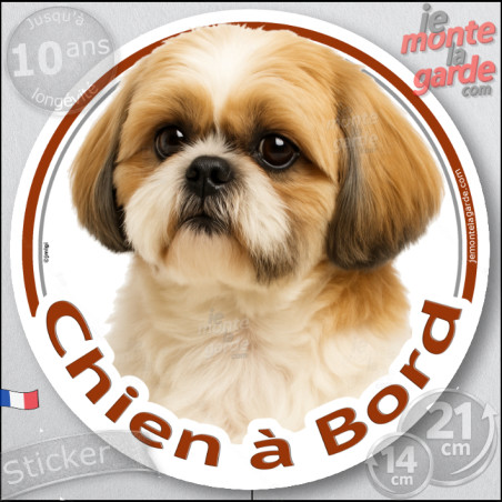 Shih-Tzu or gold et blanc, sticker autocollant rond "Chien à Bord" disque adhésif vitre voiture photo Shitsu, résiste pluie sole