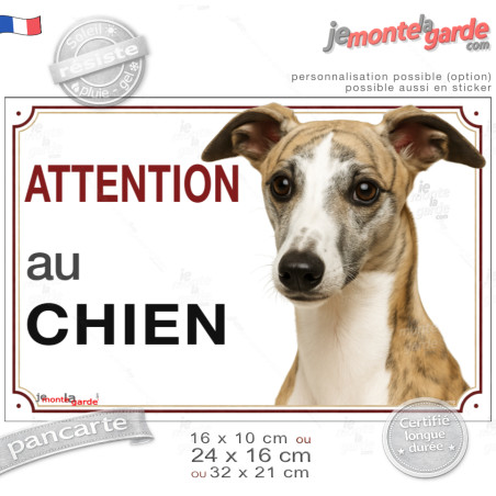 Lévrier Whippet bringé Tête, plaque portail "Attention au Chien" photo, résiste pluie soleil gel, idée cadeau