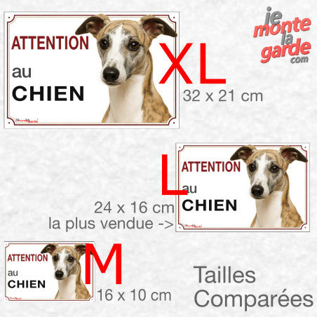 Lévrier Whippet bringé, plaque portail photo "Attention au Chien" résiste pluie soleil gel, idée cadeau, 3 Tailles D