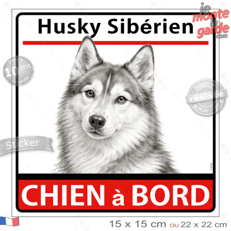 Autocollant "Husky Sibérien à Bord" en noir et blanc. Sticker adhésif vitre voiture, résiste pluie soleil gel, idée cadeau