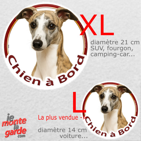 Lévrier Whippet bringé, autocollant voiture rond extérieur "Chien à Bord" résiste pluie soleil gel, idée cadeau, 2 Tailles D Lévrier Whippet bringé, autocollant voiture rond extérieur "Chien à Bord" résiste pluie soleil gel, idée cadeau, 2 Tailles D