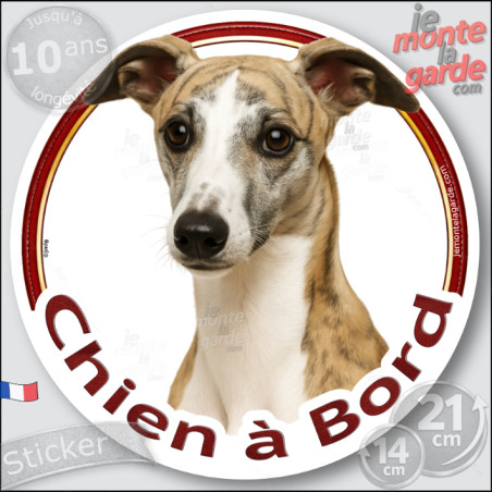 Lévrier Whippet bringé, autocollant voiture rond extérieur "Chien à Bord" résiste pluie soleil gel, idée cadeau, 2 Tailles D Lévrier Whippet bringé, autocollant voiture rond extérieur "Chien à Bord" résiste pluie soleil gel, idée cadeau, 2 Tailles D