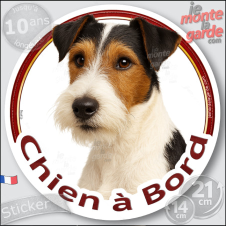 Fox-Terrier tricolore à poils durs, sticker autocollant rond "Chien à Bord" Disque adhésif vitre voiture marron photo, résiste p
