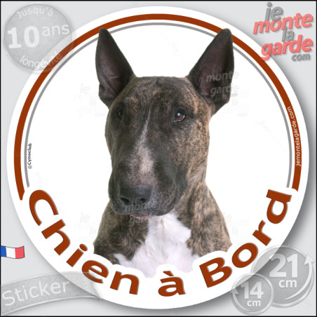 Bull Terrier bringé, sticker voiture rond "Chien à Bord" résiste pluie soleil gel, idée cadeau, 2 Tailles D