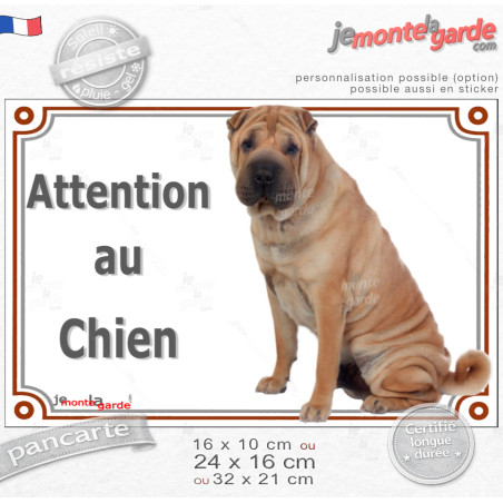 Shar-Peï fauve assis, Plaque portail "Attention au Chien" Sharpei sable, résiste pluie soleil gel, idée cadeau