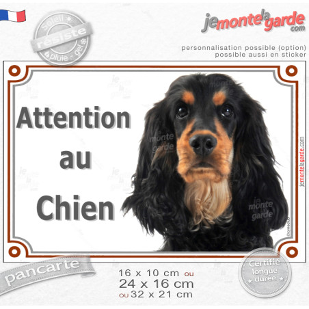 Cocker Anglais Spaniel noir et feu, plaque portail "Attention au Chien" photo, résiste pluie soleil gel, idée cadeau