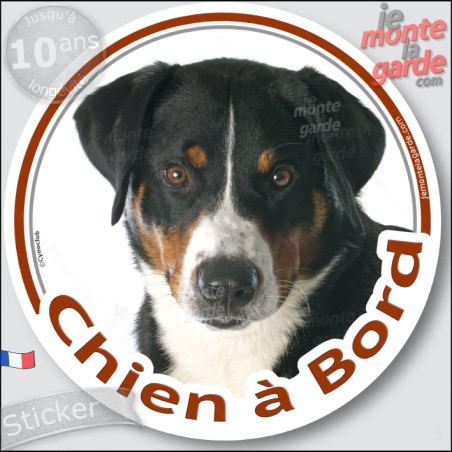 Bouvier d'Appenzell Tête, sticker autocollant rond "Chien à Bord" Disque photo adhésif vitre voiture auto Bouvier Suisse, résist