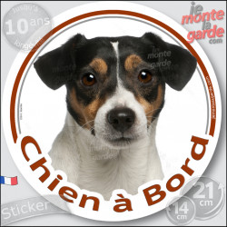 Jack Russell tricolore, sticker autocollant rond "Chien à Bord" Disque adhésif vitre voiture photo, résiste pluie soleil gel, id
