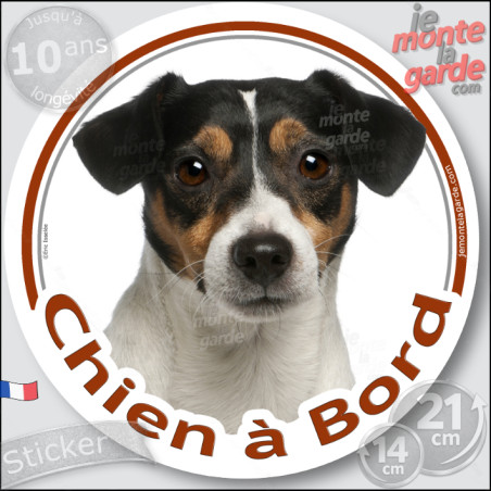 Jack Russell tricolore, sticker autocollant rond "Chien à Bord" Disque adhésif vitre voiture photo, résiste pluie soleil gel, id