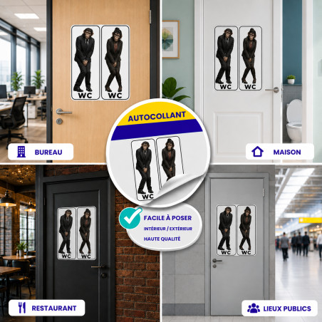 Sticker WC homme femme humoristique avec singes en costume pour porte de toilettes mixtes ou séparées, résistant pluie soleil ge