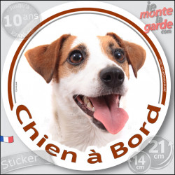 Jack Russell Terrier blanc et fauve, sticker autocollant rond "Chien à Bord" disque adhésif vitre voiture photo, résiste pluie s