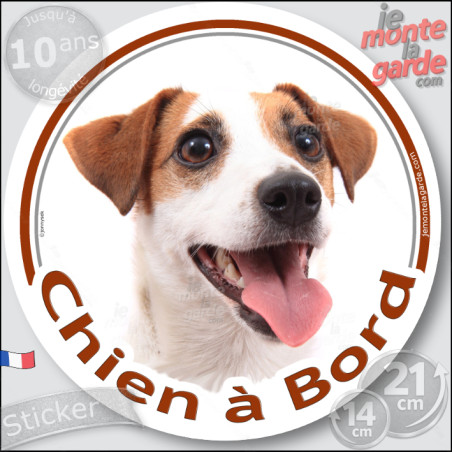 Jack Russell Terrier blanc et fauve, sticker autocollant rond "Chien à Bord" disque adhésif vitre voiture photo, résiste pluie s