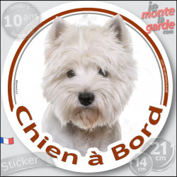 Westie Tête, sticker autocollant rond "Chien à Bord" Disque adhésif vitre voiture Westy photo race, résiste pluie soleil gel, id