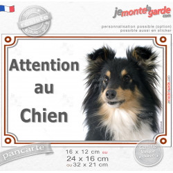 Berger des Shetland tricolore, plaque portail "Attention au Chien" photo Sheltie noir et feu, résiste pluie soleil gel, idée cad