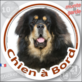 Dogue du Tibet noir et feu, sticker autocollant rond "Chien à Bord" Disque photo adhésif voiture, résiste pluie soleil gel, idée