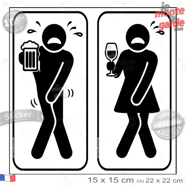 Autocollant WC homme femme humoristique avec silhouettes pressées et verre pour bar, pub ou restaurant, résiste pluie soleil gel