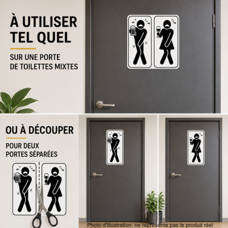 Autocollant WC homme femme humoristique – sticker porte toilettes bar avec verres à la main, résiste dehors, 2 Tailles D