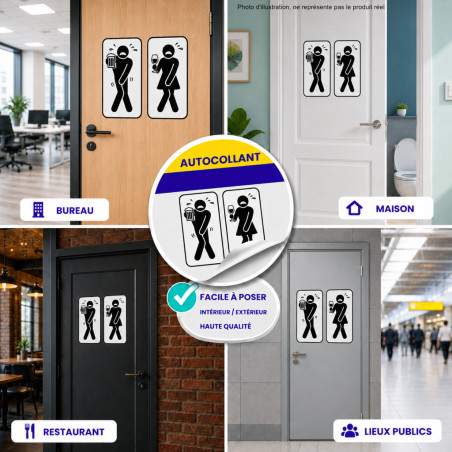 Autocollant WC homme femme humoristique avec silhouettes pressées et verre pour bar, pub ou restaurant, pour porte de toilettes 