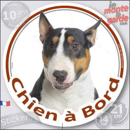 Bull Terrier tricolore Tête, sticker autocollant rond "Chien à Bord" Disque photo adhésif vitre voiture auto, résiste pluie sole