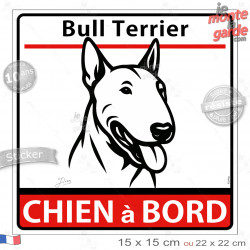 Autocollant "Bull Terrier à Bord" dessin en noir et blanc. Sticker adhésif vitre voiture, résiste pluie soleil gel, idée cadeau