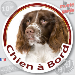 Springer Spaniel Anglais marron foie et blanc, sticker voiture rond photo "Chien à Bord" résiste pluie soleil gel, idée cadeau