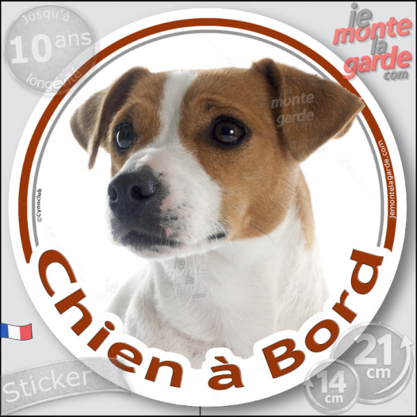 Jack Russell Terrier blanc et fauve marron Tête, sticker autocollant rond "Chien à Bord" vitre voiture photo, résiste dehors